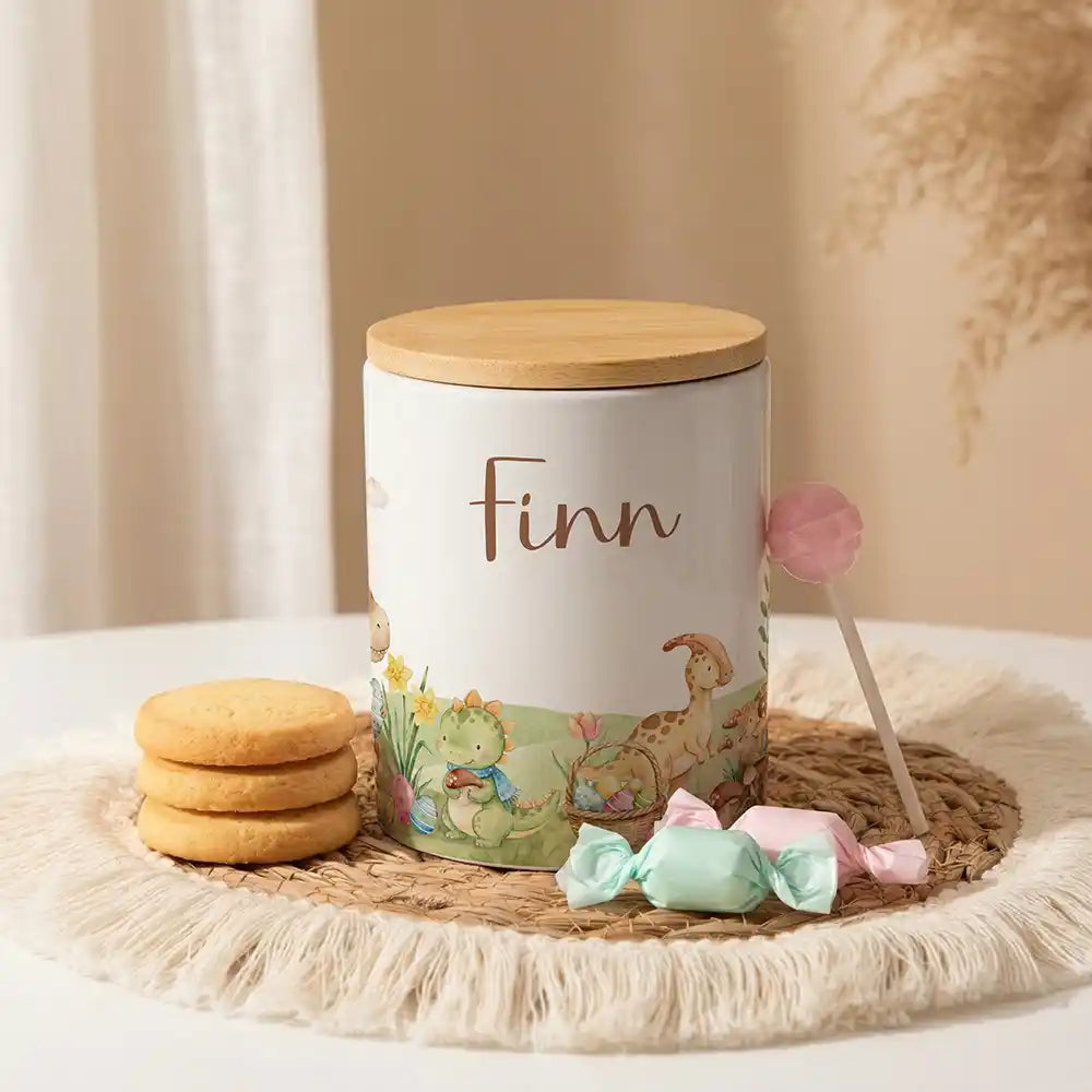Personalisierte Keksdose Dinos Ostern aus Keramik mit Bambusdeckel - Wunschname - kidsmuod.com