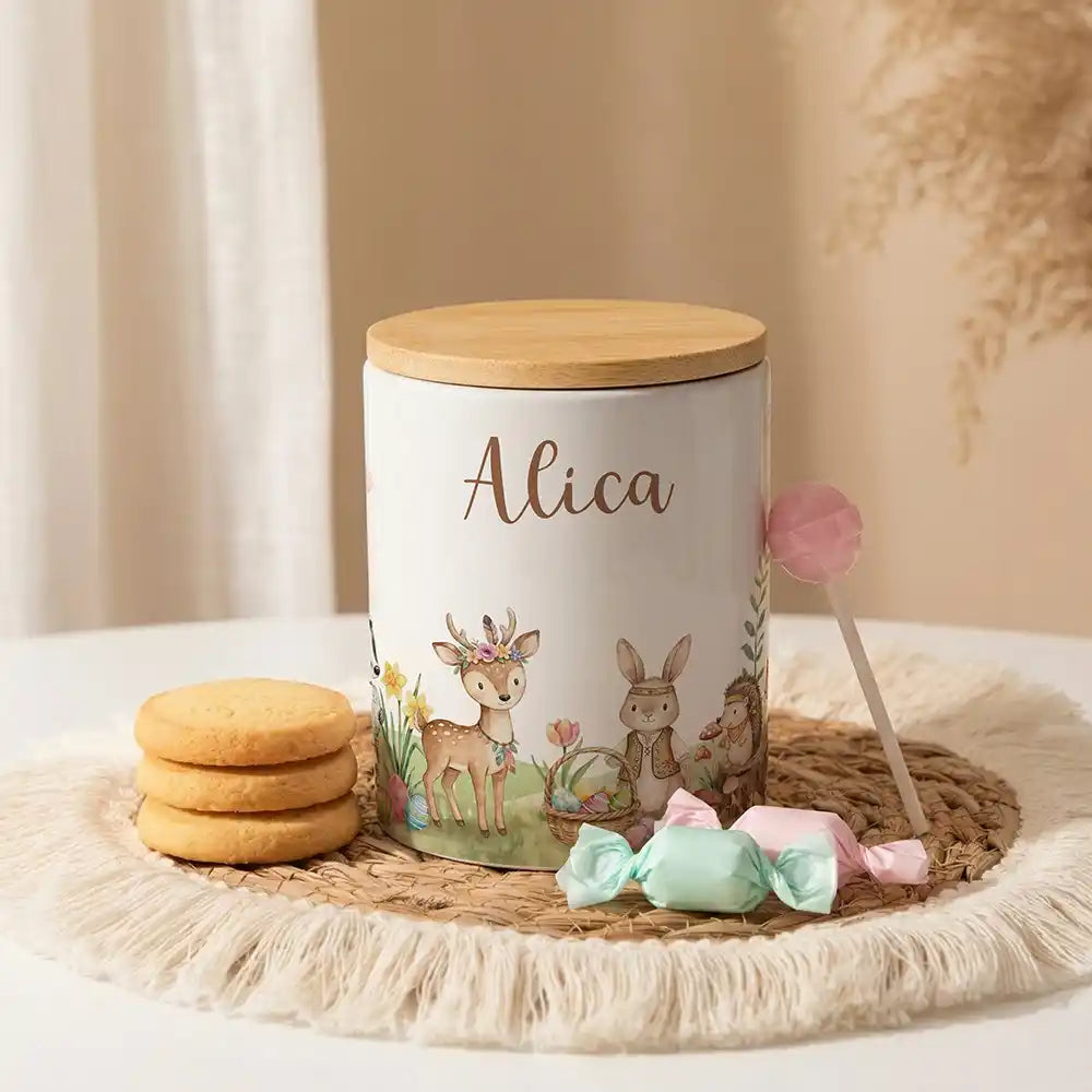 Personalisierte Keksdose Ostern Waldtiere-Treff aus Keramik mit Bambusdeckel - Wunschname - kidsmuod.com