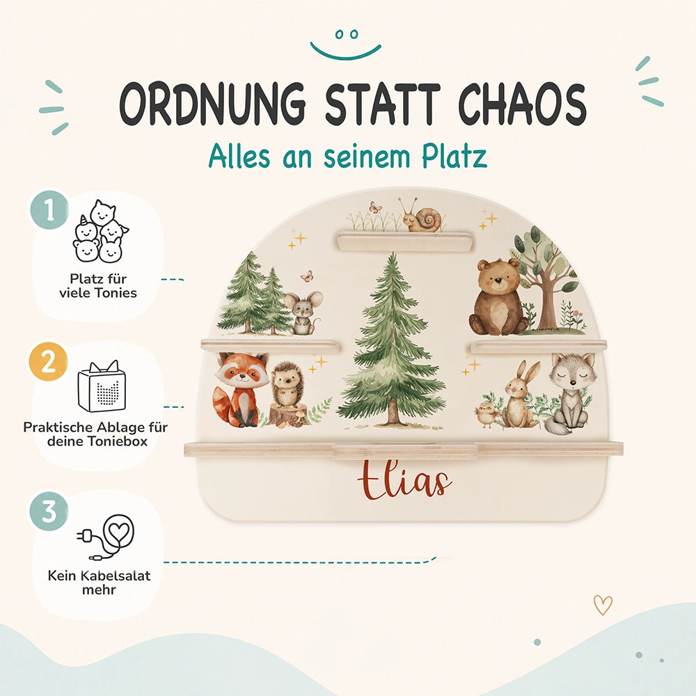 Tonie Regal aus Holz, Toniebox Regal personalisiert fröhliche Waldtiere