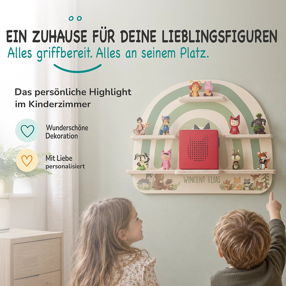 Tonie Regal aus Holz, Toniebox Regal personalisiert Bunter Regenbogen