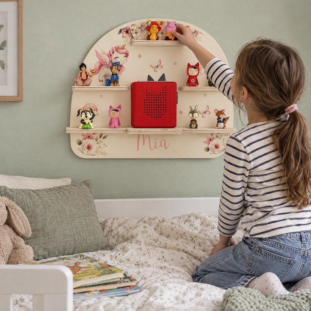 Tonie Regal aus Holz, Toniebox Regal personalisiert Einhorn