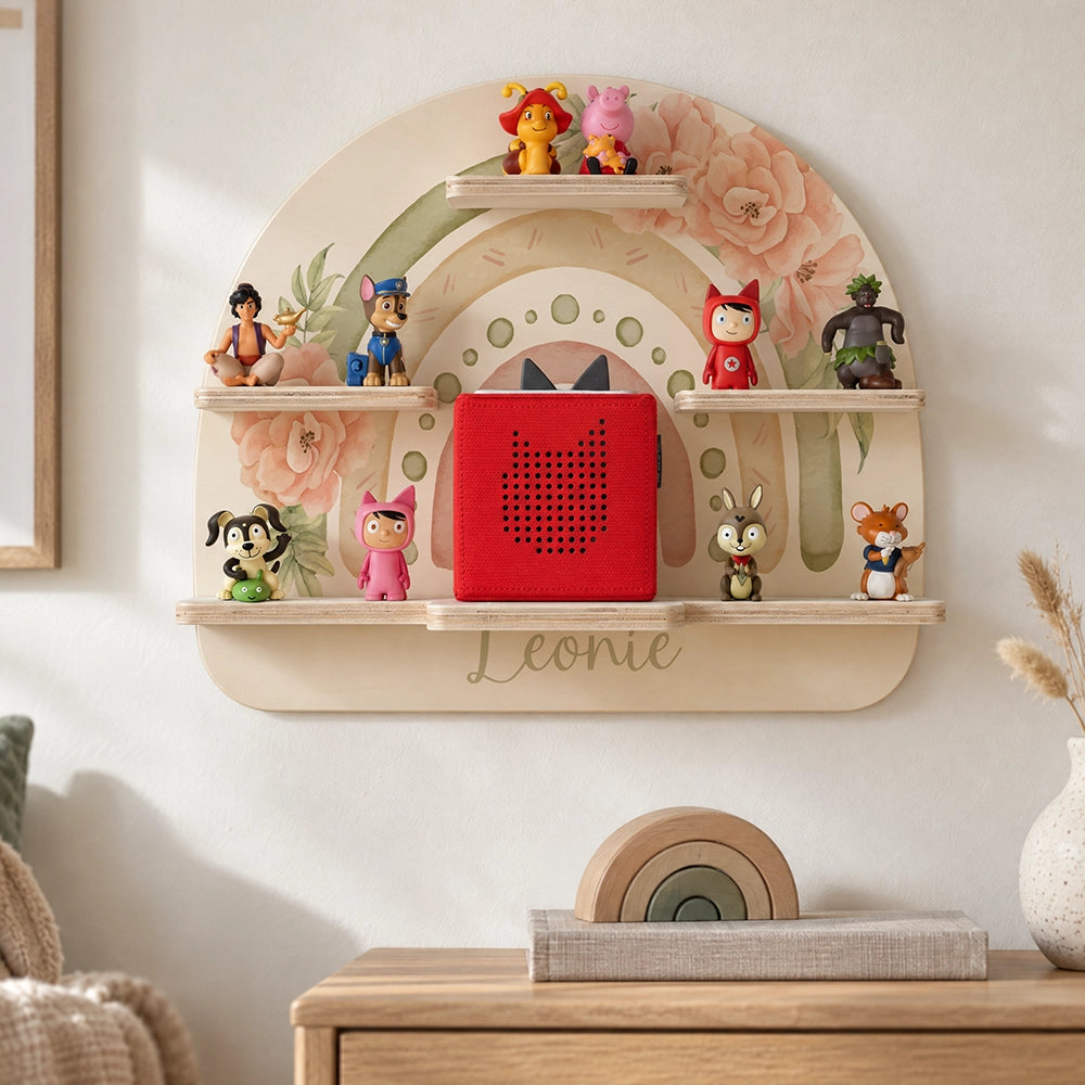 Tonie Regal aus Holz, Toniebox Regal personalisiert Grüner Regenbogen