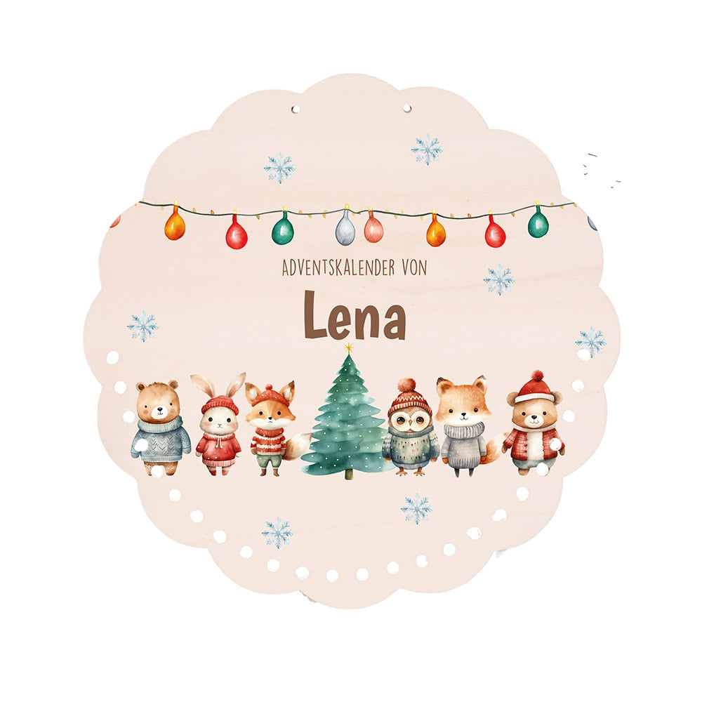 Personalisierter runder Adventskalender Kinder aus Holz  - Niedliche Waldfreunde