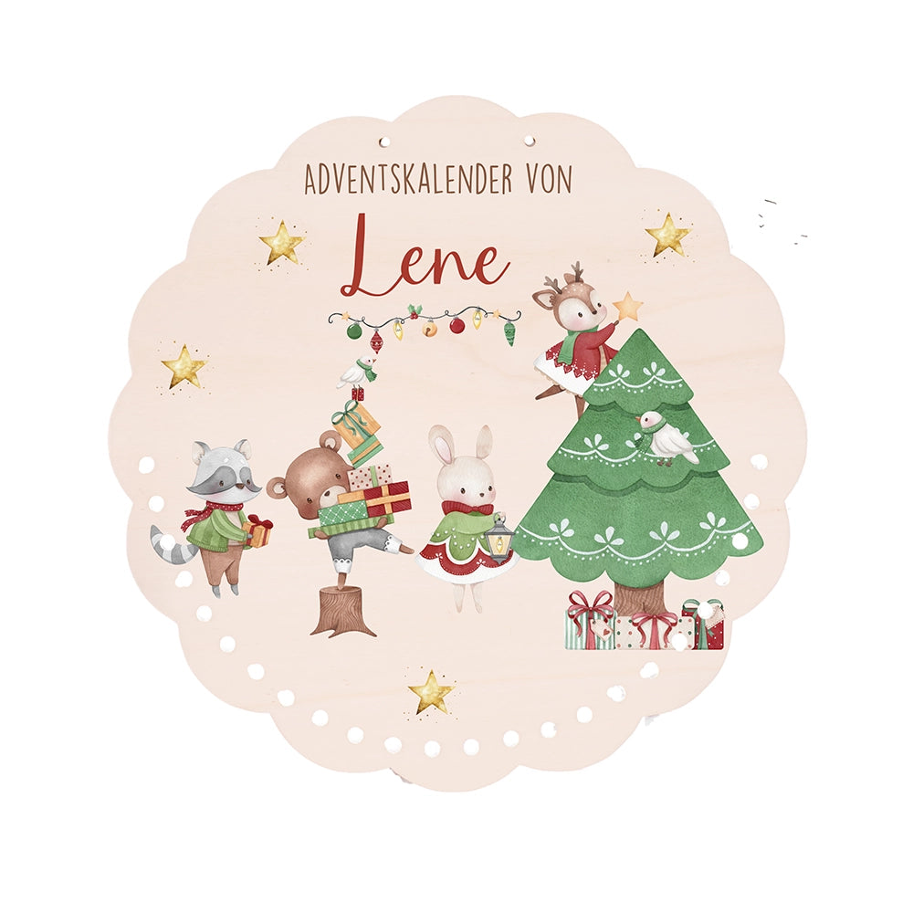 Personalisierter runder Adventskalender Kinder aus Holz  - Festliche Waldszene