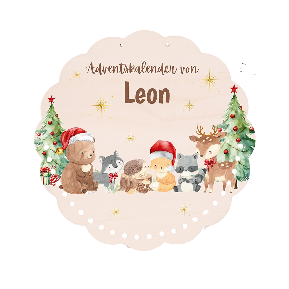 Personalisierter runder Adventskalender Kinder aus Holz  - Winterwunderland