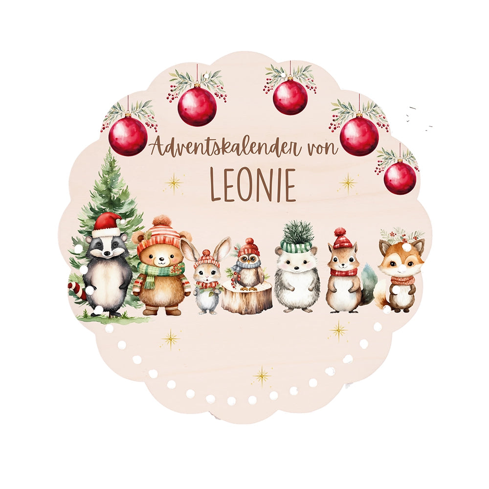 Personalisierter runder Adventskalender Kinder aus Holz  - Kuschelige Winterfreunde