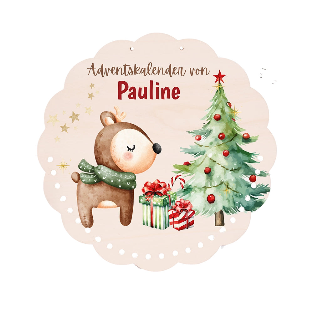 Personalisierter runder Adventskalender Kinder aus Holz  - Baby Reh