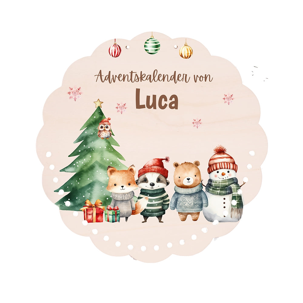 Personalisierter runder Adventskalender Kinder aus Holz  - Tierische Weihnachtsbande