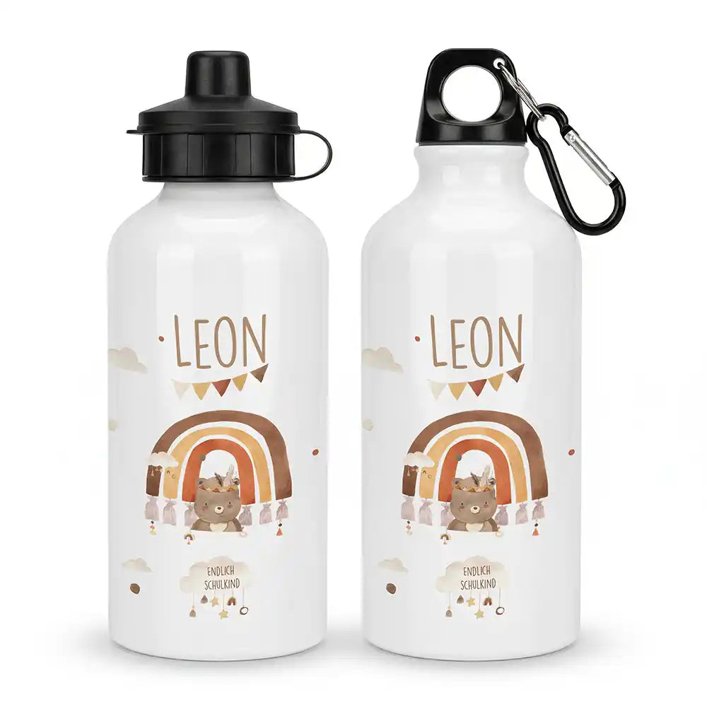Personalisierte Trinkflasche Kinder Bär Regenbogen Schulkind – Alu 500 ml Hauptbild mit Wunschname