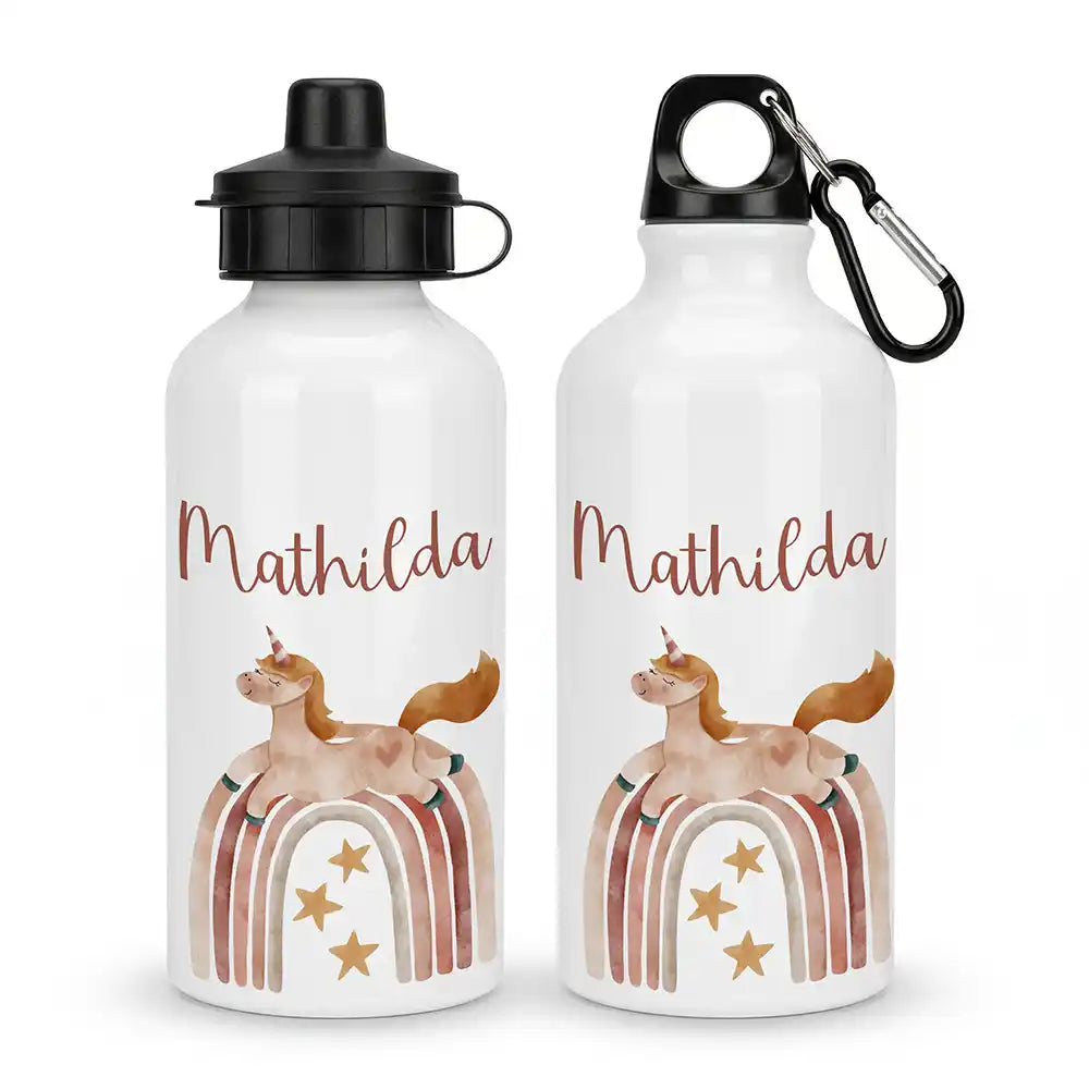 Personalisierte Trinkflasche Kinder Einhorn Boho-Regenbogen – Alu 500 ml Hauptbild mit Wunschname