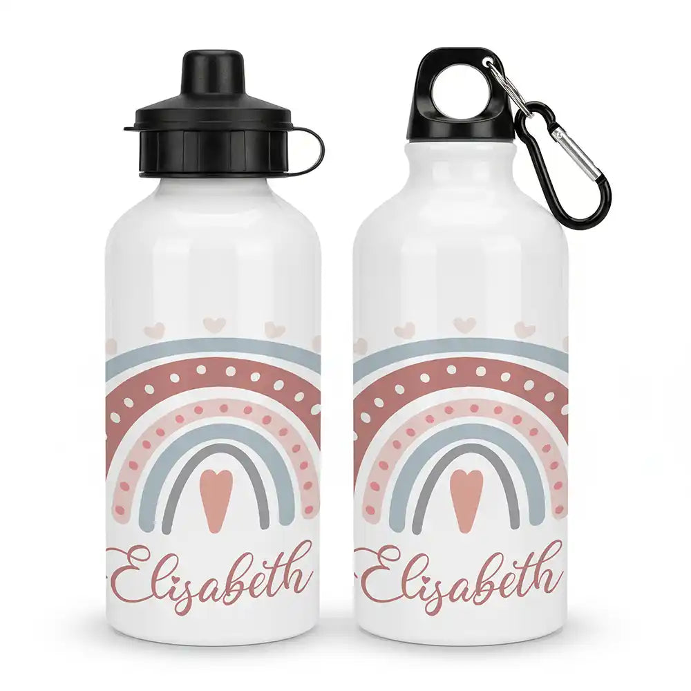Personalisierte Trinkflasche Kinder Boho-Regenbogen Herzen – Alu 500 ml Hauptbild mit Wunschname