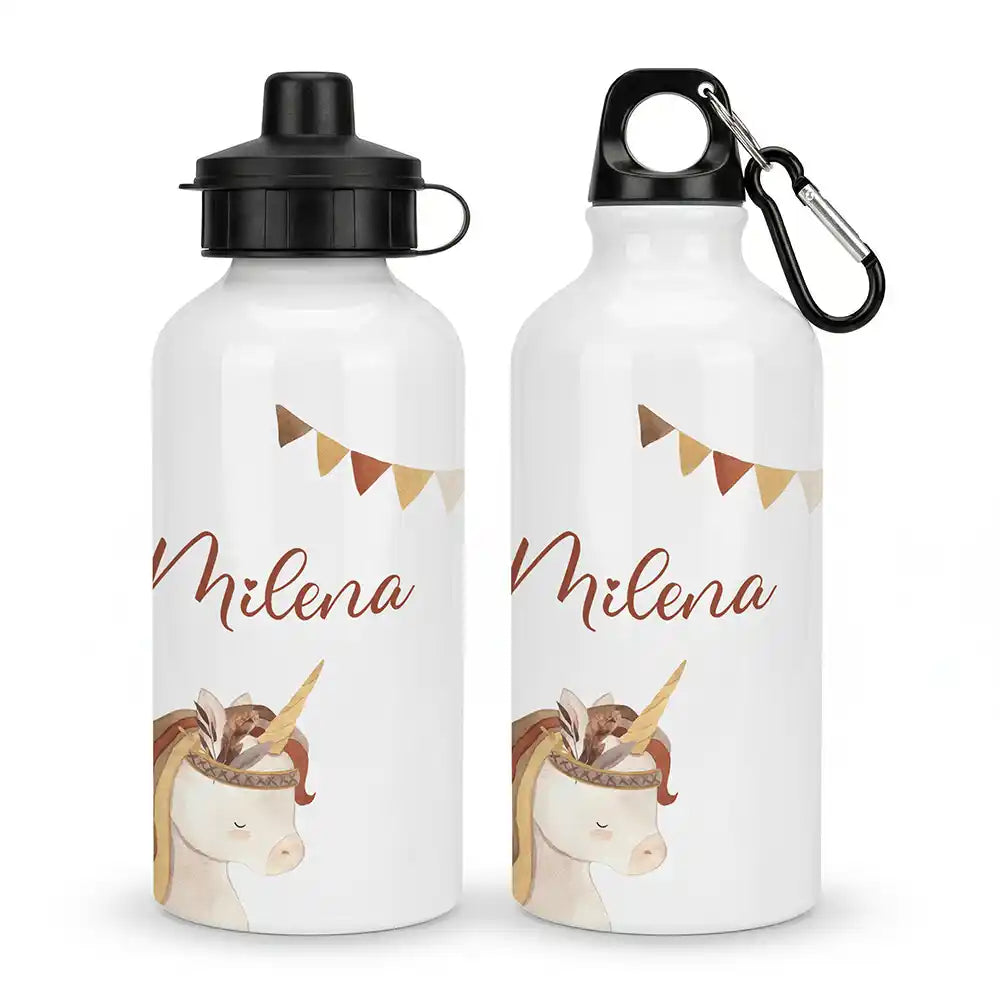 Personalisierte Trinkflasche Kinder Einhorn Indianer – Alu 500 ml Hauptbild mit Wunschname