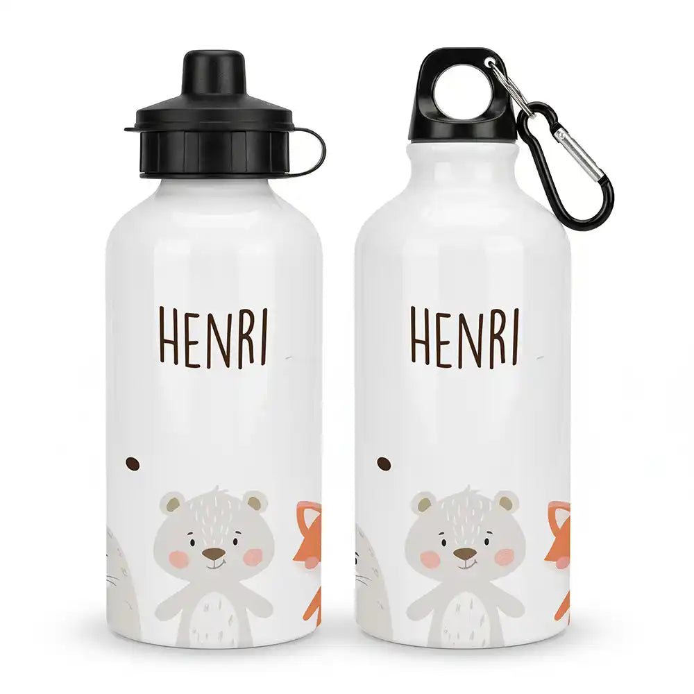 Personalisierte Trinkflasche Kinder Bär & Fuchs – Karabiner für Schule & Sport