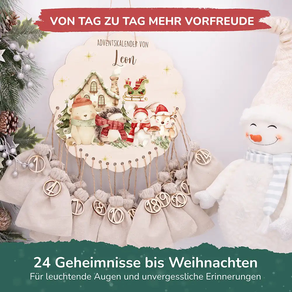 Personalisierter runder Adventskalender Kinder aus Holz  - Waldtiere im Winterzauber