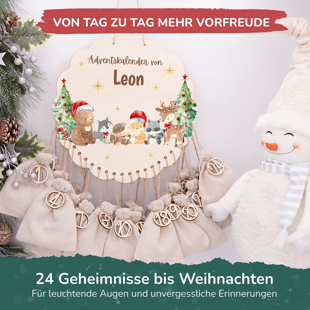 Personalisierter runder Adventskalender Kinder aus Holz  - Winterwunderland