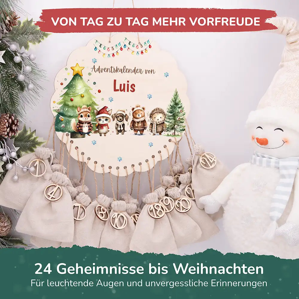 Personalisierter runder Adventskalender Kinder aus Holz  - Winterwaldtiere