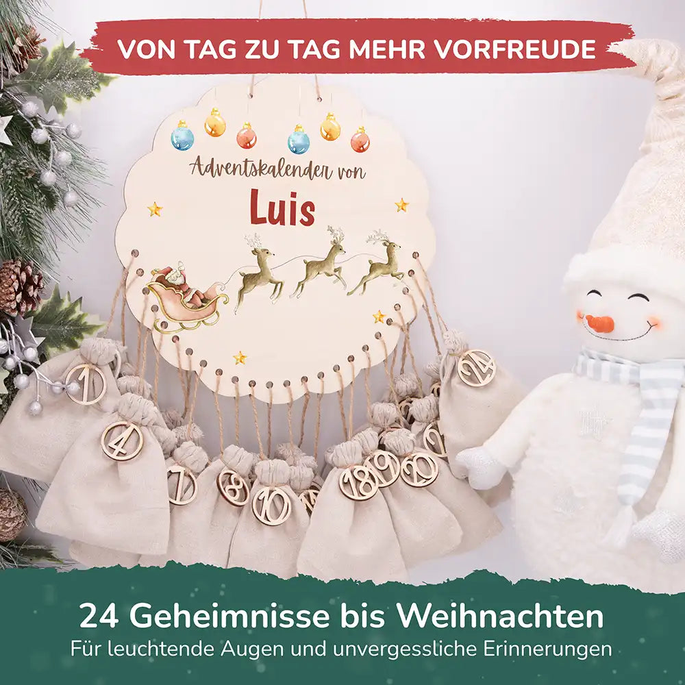 Personalisierter runder Adventskalender Kinder aus Holz  - Rentiere