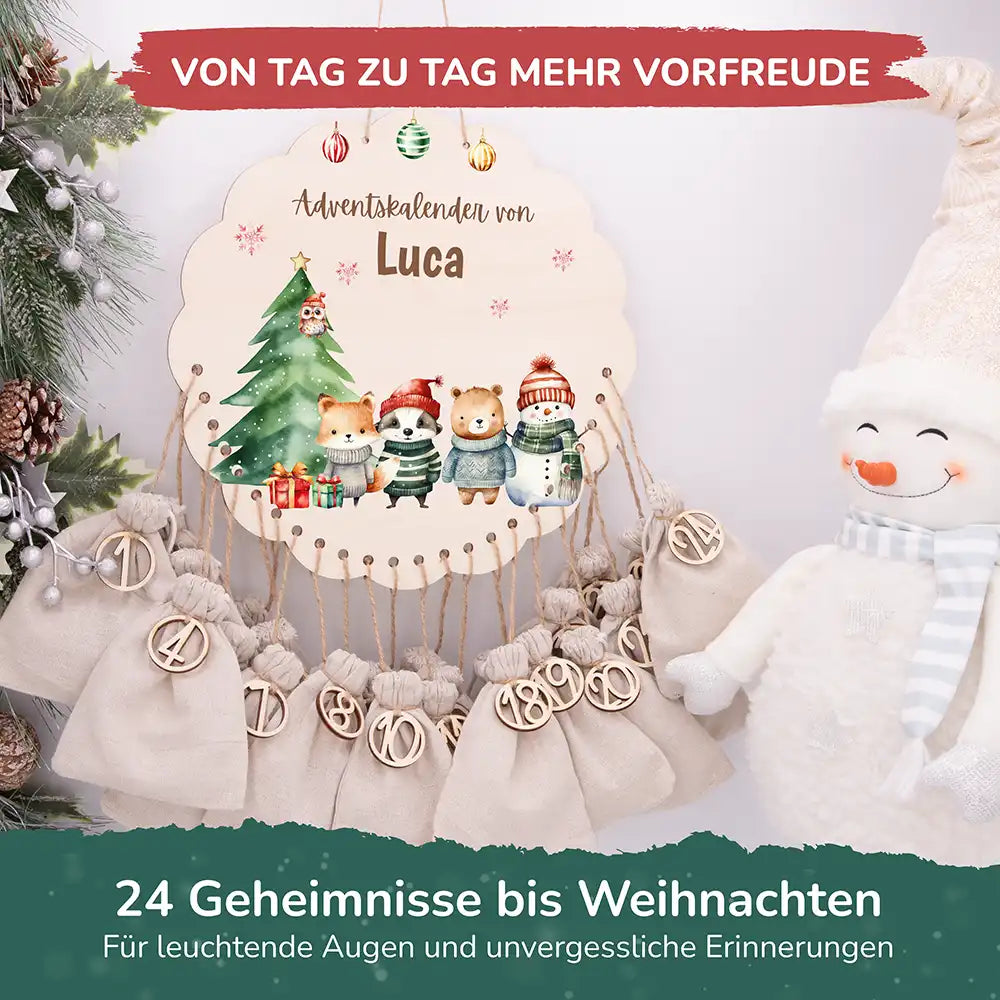 Personalisierter runder Adventskalender Kinder aus Holz  - Tierische Weihnachtsbande
