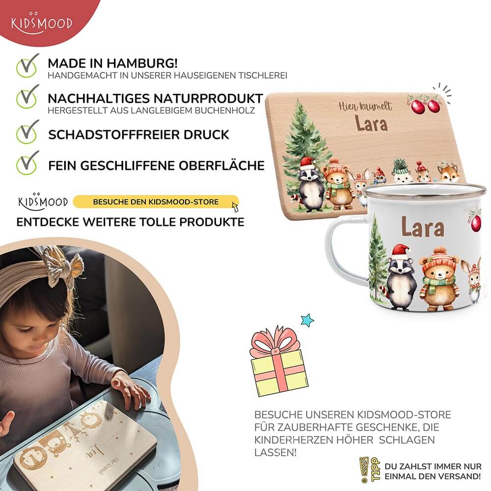 Weihnachts-Set Frühstücksbrettchen und  Emaille Tasse - Niedliche Waldfreunde