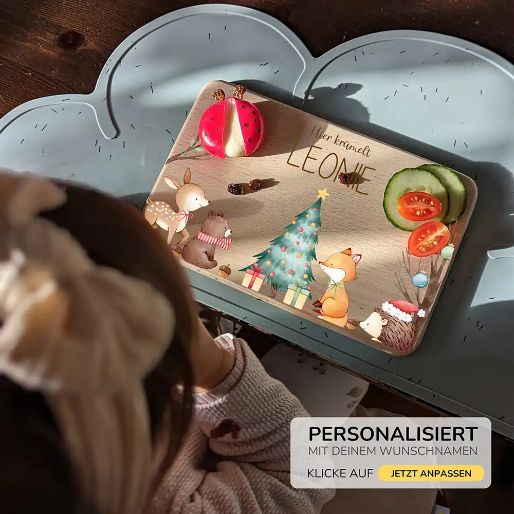 Weihnachts-Set Frühstücksbrettchen + Emaille Tasse - Fuchs am Weihnachtsbaum