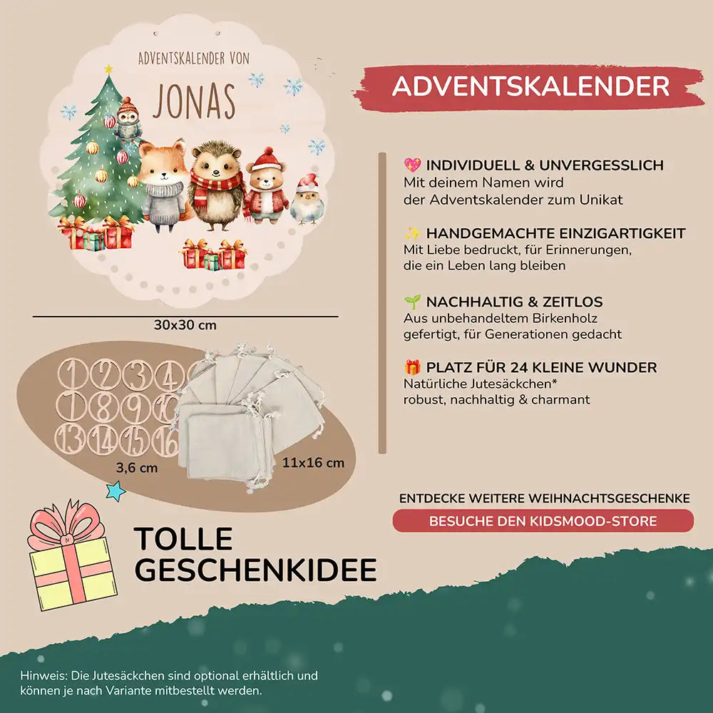 Personalisierter runder Adventskalender Kinder aus Holz  - Winterwunderland