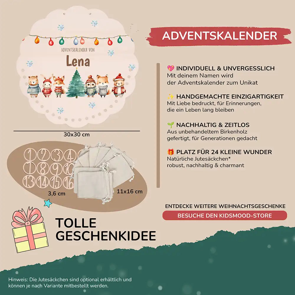 Personalisierter runder Adventskalender Kinder aus Holz  - Niedliche Waldfreunde