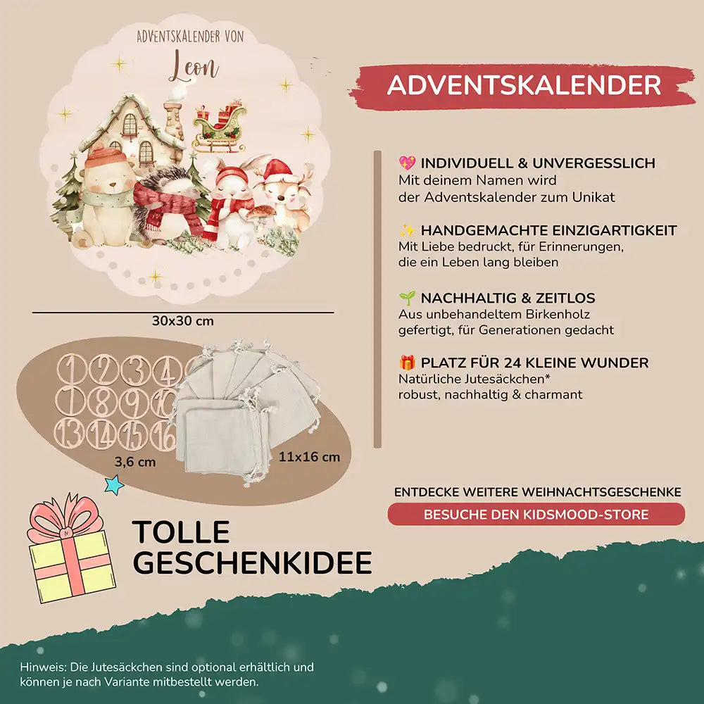Personalisierter runder Adventskalender Kinder aus Holz  - Waldtiere im Winterzauber