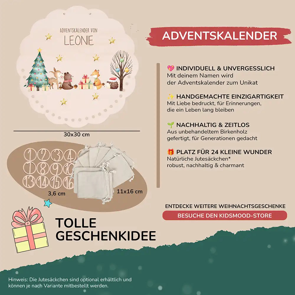Personalisierter runder Adventskalender Kinder aus Holz  - Tiere im Schneegestöber