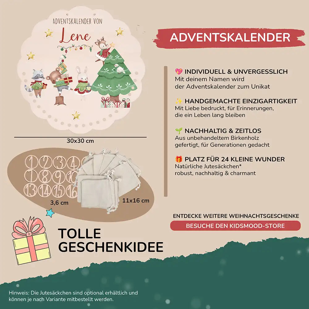 Personalisierter runder Adventskalender Kinder aus Holz  - Festliche Waldszene