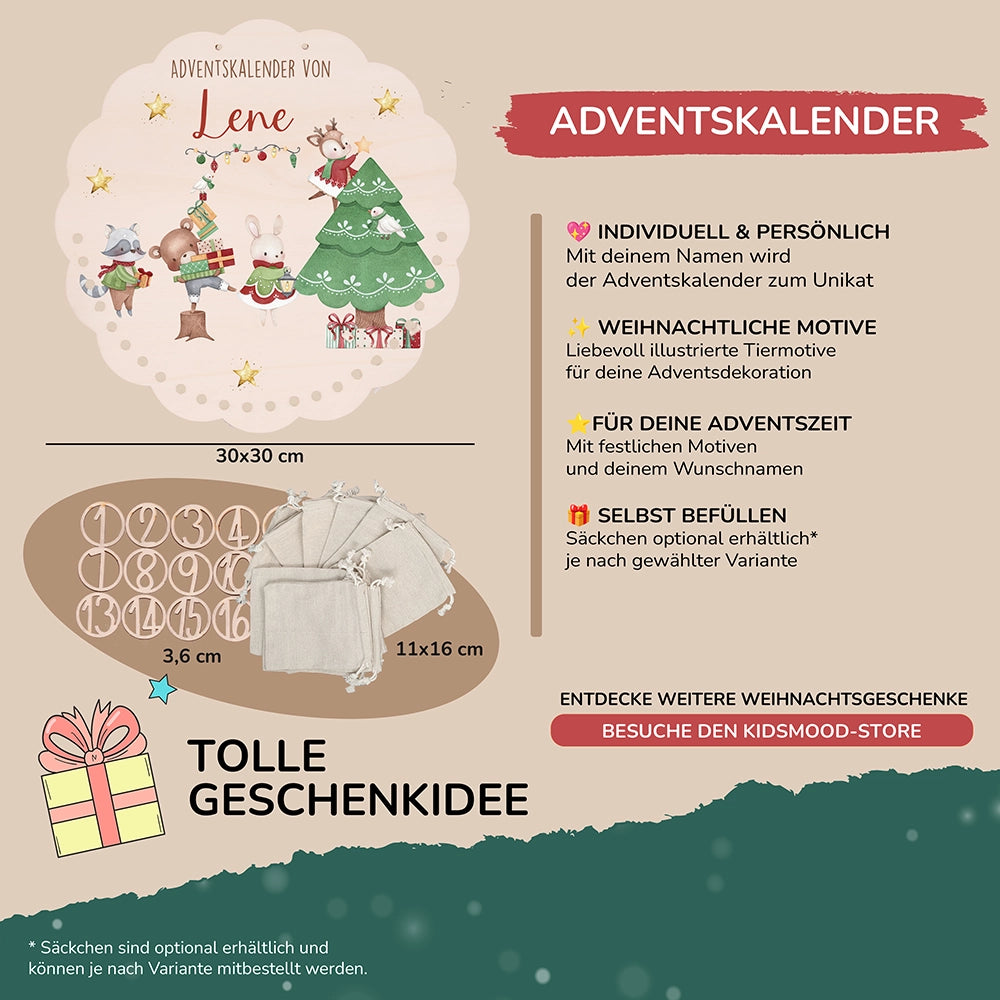Personalisierter runder Adventskalender Kinder aus Holz  - Festliche Waldszene