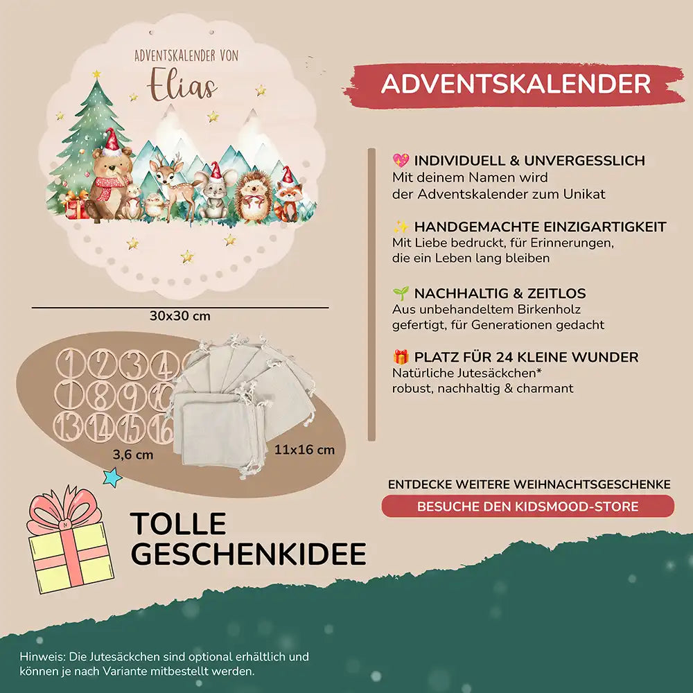 Personalisierter runder Adventskalender Kinder aus Holz  - Winterwald & seine Bewohner
