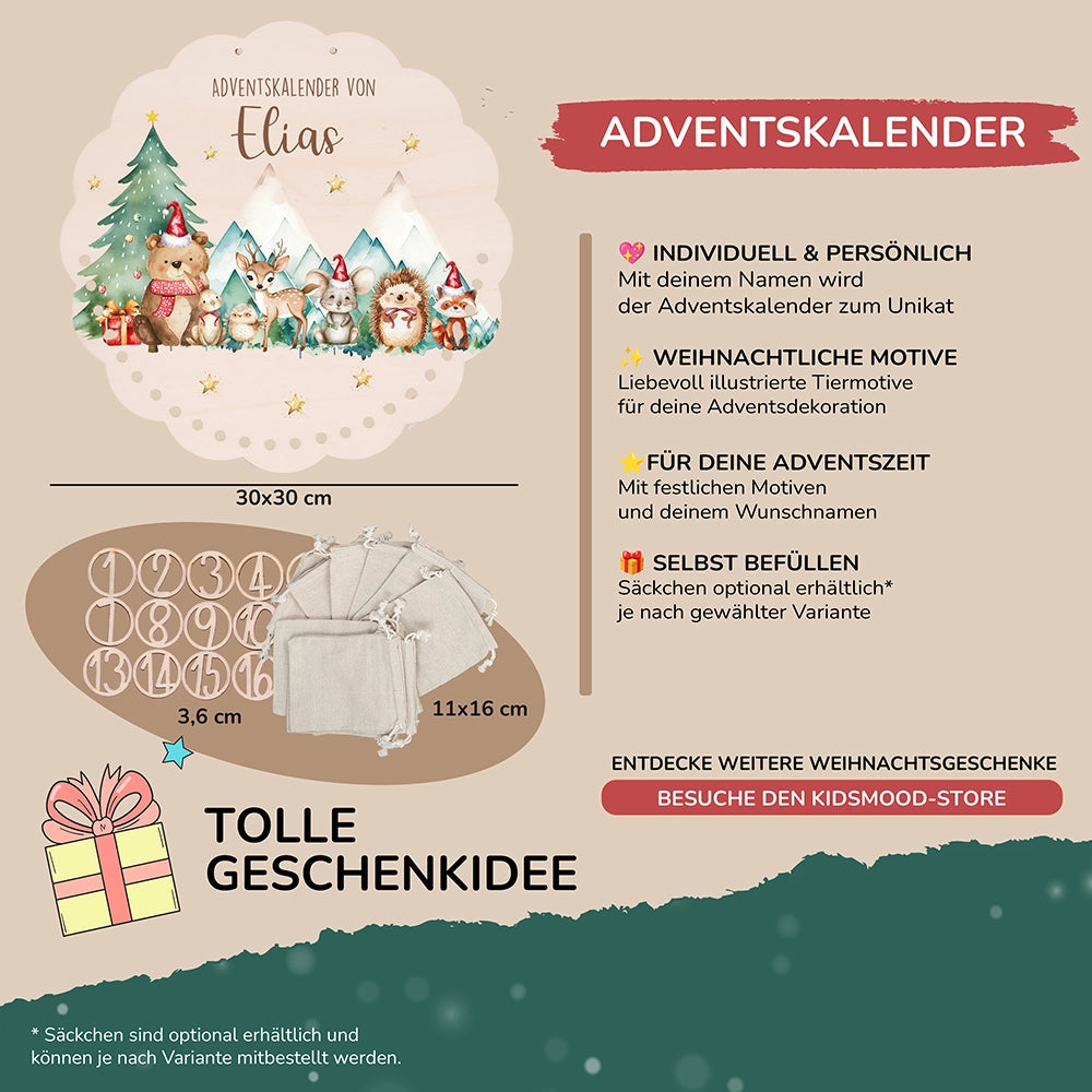 Personalisierter runder Adventskalender Kinder aus Holz  - Winterwald & seine Bewohner
