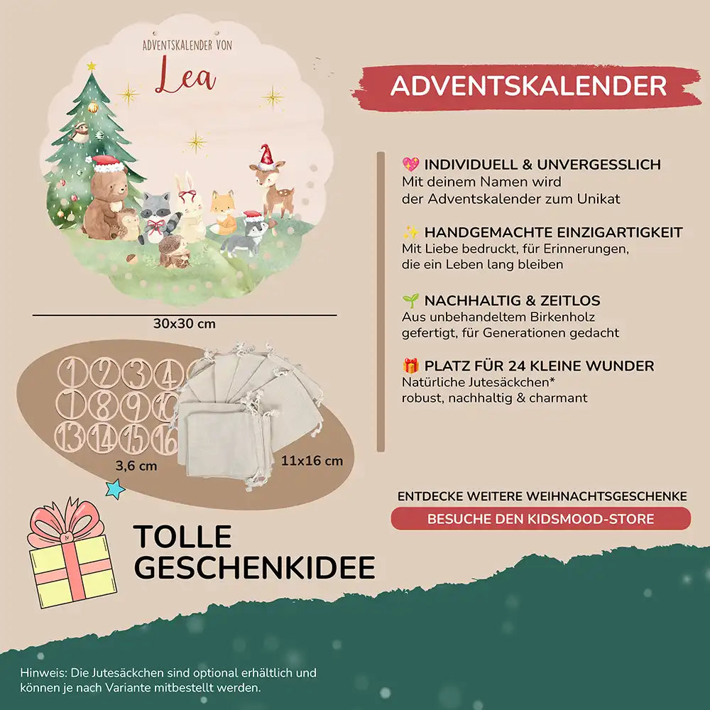 Personalisierter runder Adventskalender Kinder aus Holz  - Niedliche Waldfreunde