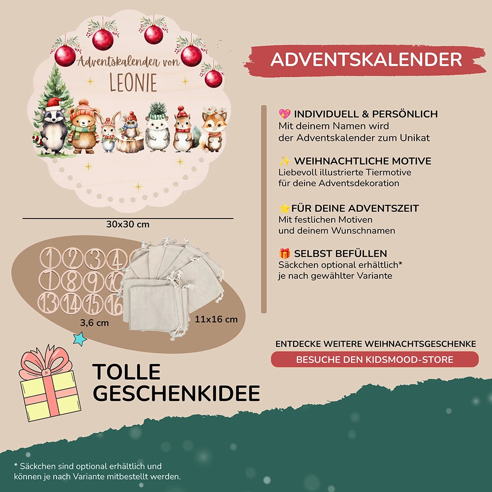 Personalisierter runder Adventskalender Kinder aus Holz  - Kuschelige Winterfreunde
