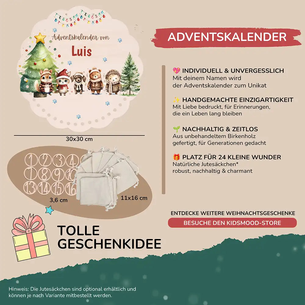 Personalisierter runder Adventskalender Kinder aus Holz  - Winterwaldtiere