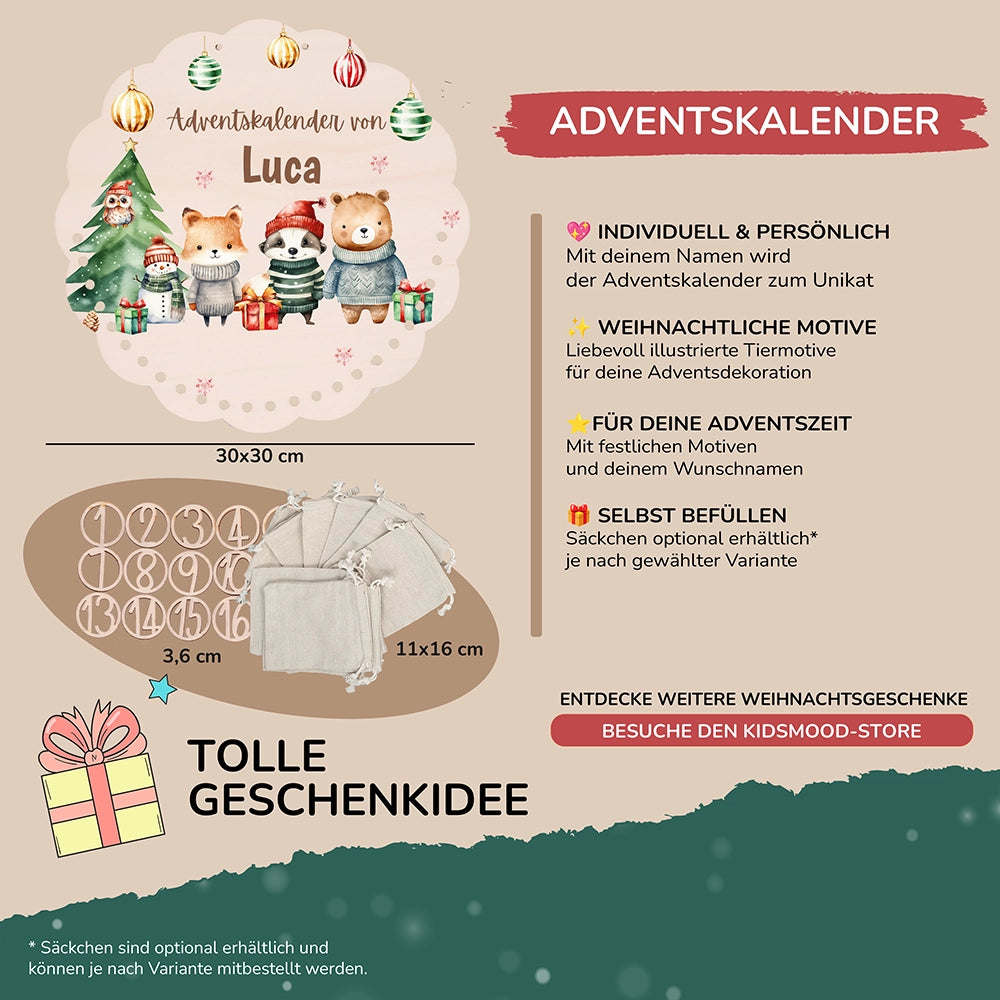 Personalisierter runder Adventskalender Kinder aus Holz  - Waldtiere mit Weihnachtsmützen