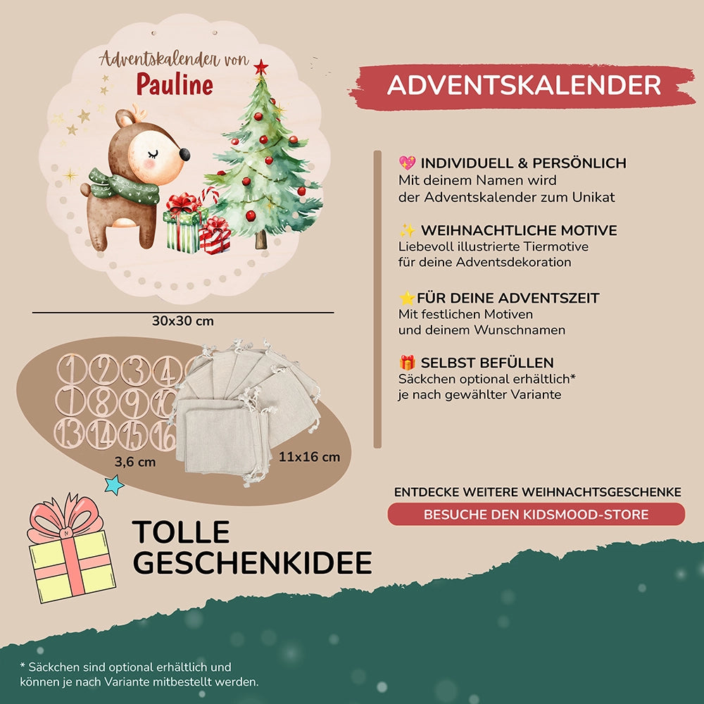 Personalisierter runder Adventskalender Kinder aus Holz  - Baby Reh
