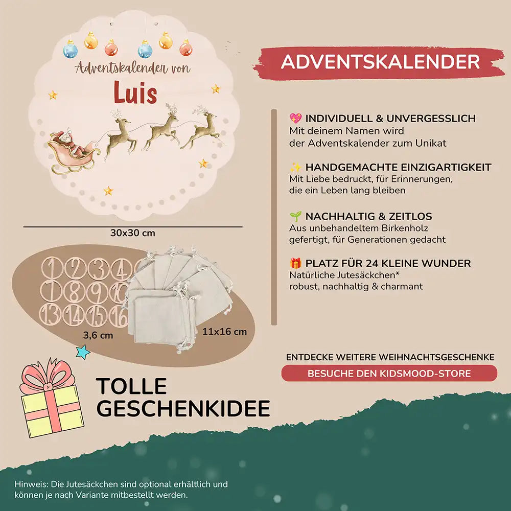 Personalisierter runder Adventskalender Kinder aus Holz  - Rentiere