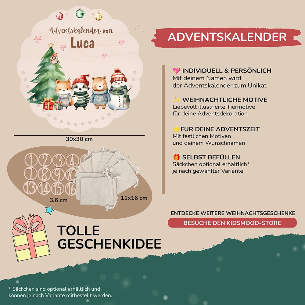 Personalisierter runder Adventskalender Kinder aus Holz  - Tierische Weihnachtsbande
