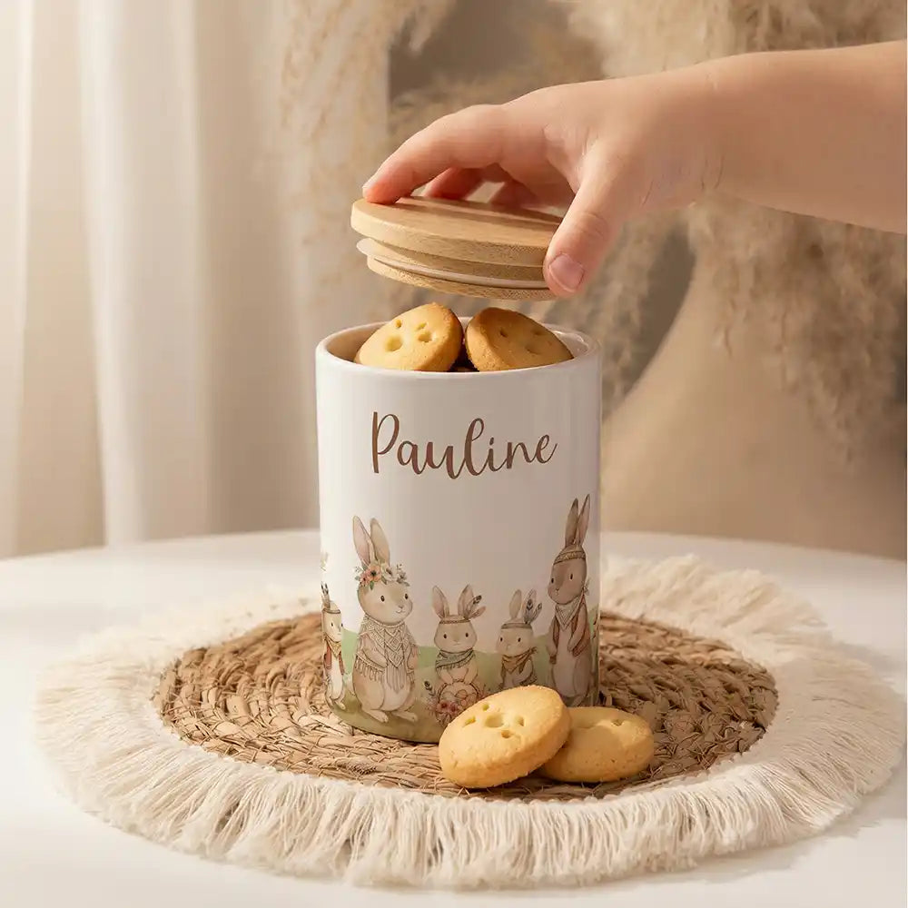 Personalisierte Keksdose Boho-Hasen als Zahnbürsten- & Stiftehalter (2-in-1)