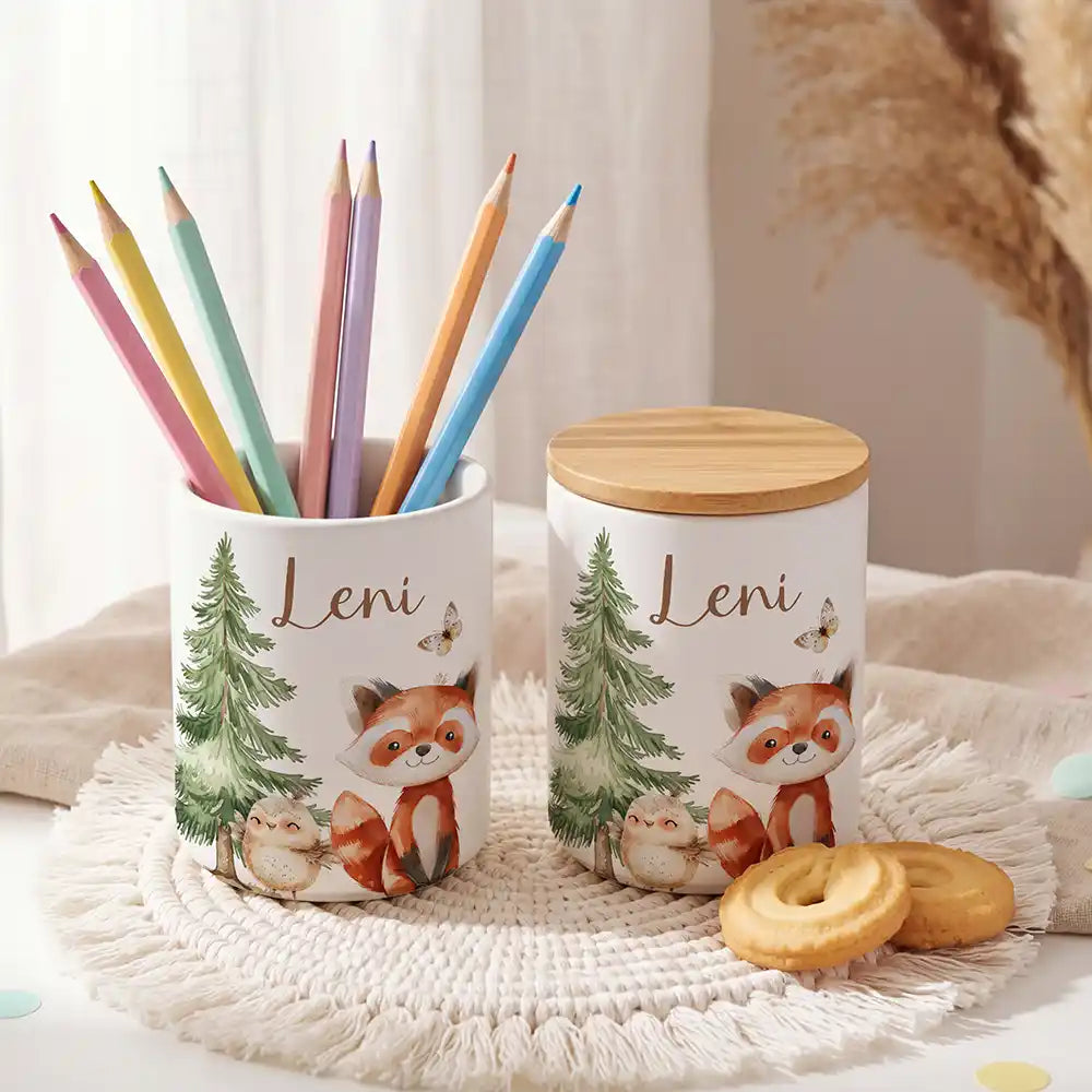 Personalisierte Keksdose Roter Panda & Eule - liebevoll personalisiert