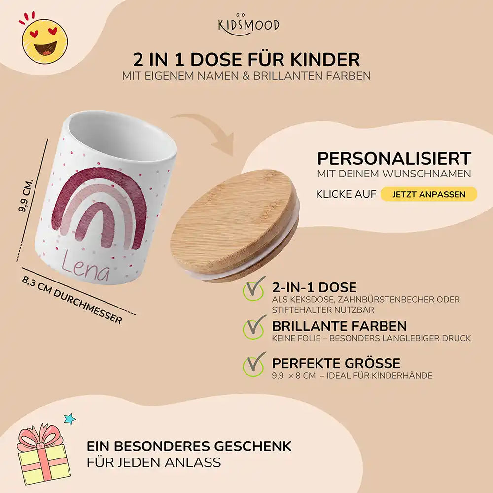 Personalisierte Keksdose Regenbogen Rosa - mit eigenem Namen fuer kleine Schleckermaeuler