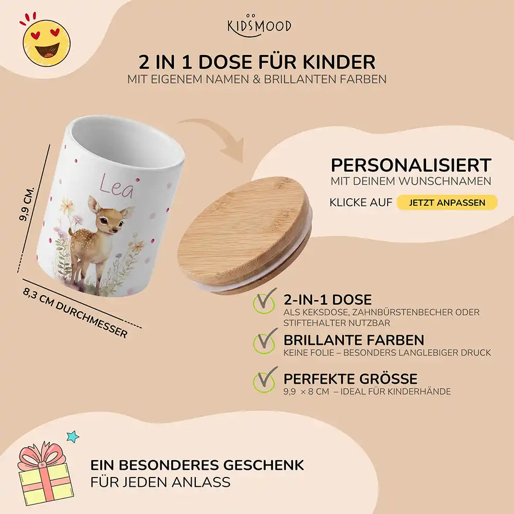 Personalisierte Keksdose Rehkitz Blumenwiese - mit eigenem Namen fuer kleine Schleckermaeuler
