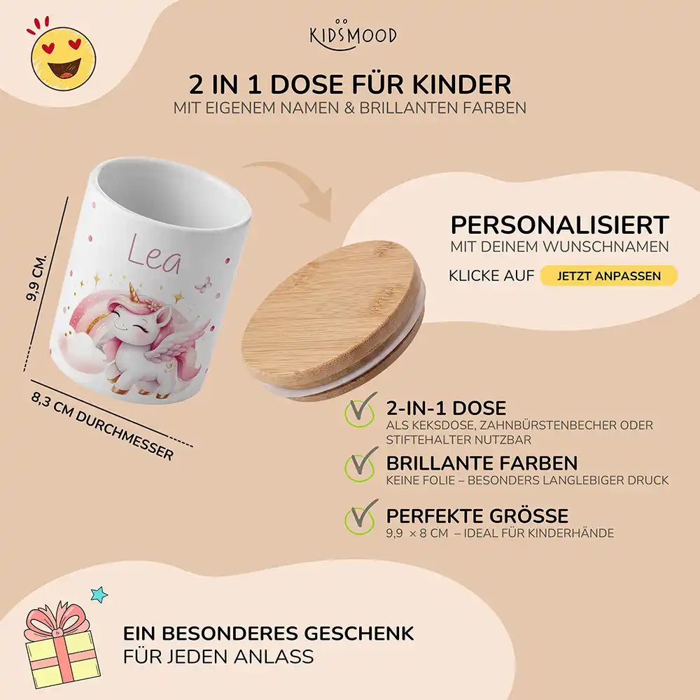 Personalisierte Keksdose Einhorn Flügel - mit eigenem Namen fuer kleine Schleckermaeuler
