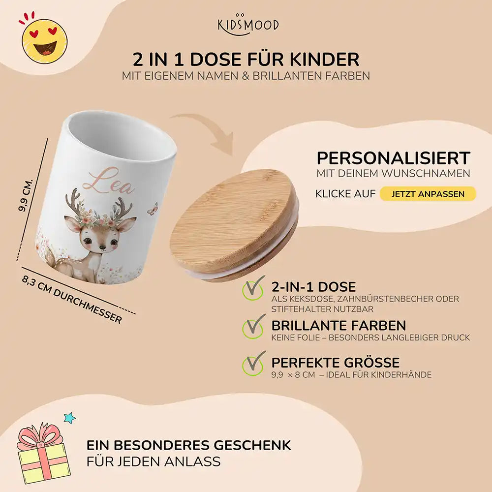 Personalisierte Keksdose Reh Blumenkranz - mit eigenem Namen fuer kleine Schleckermaeuler