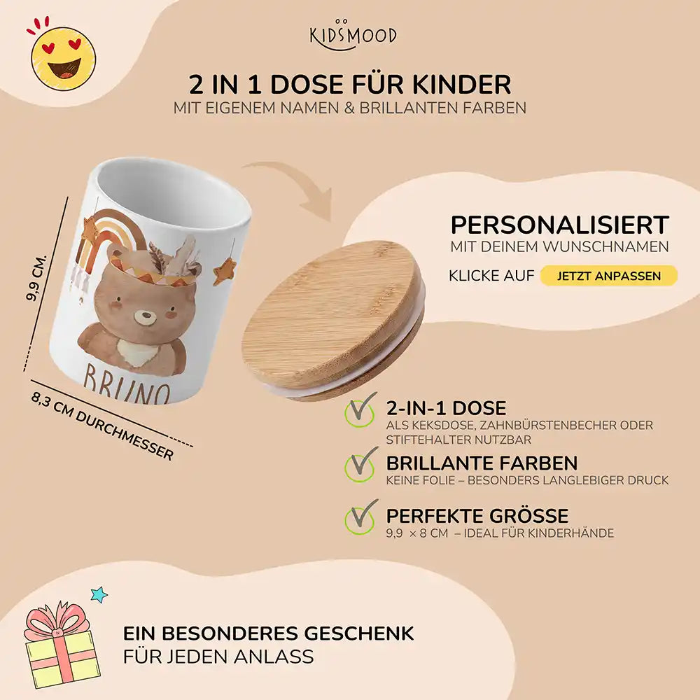 Personalisierte Keksdose Boho-Bär - mit eigenem Namen fuer kleine Schleckermaeuler