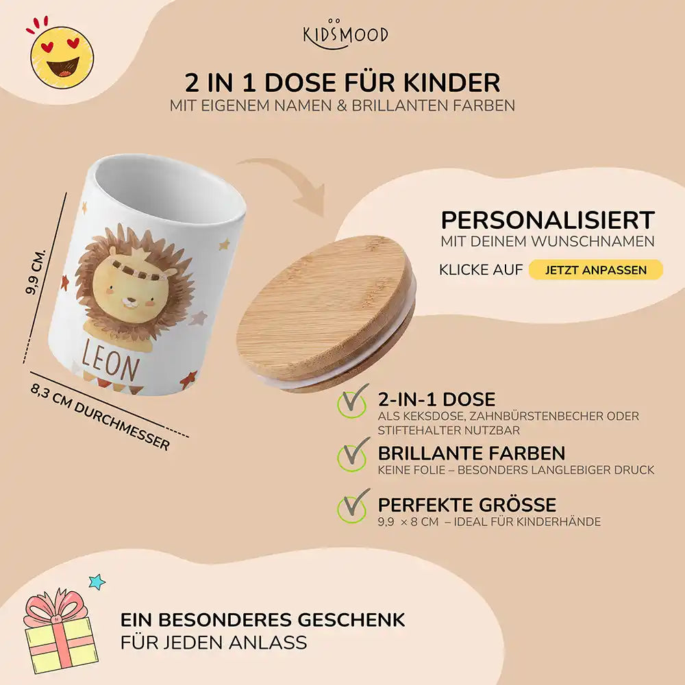 Personalisierte Keksdose Löwe Boho - mit eigenem Namen fuer kleine Schleckermaeuler