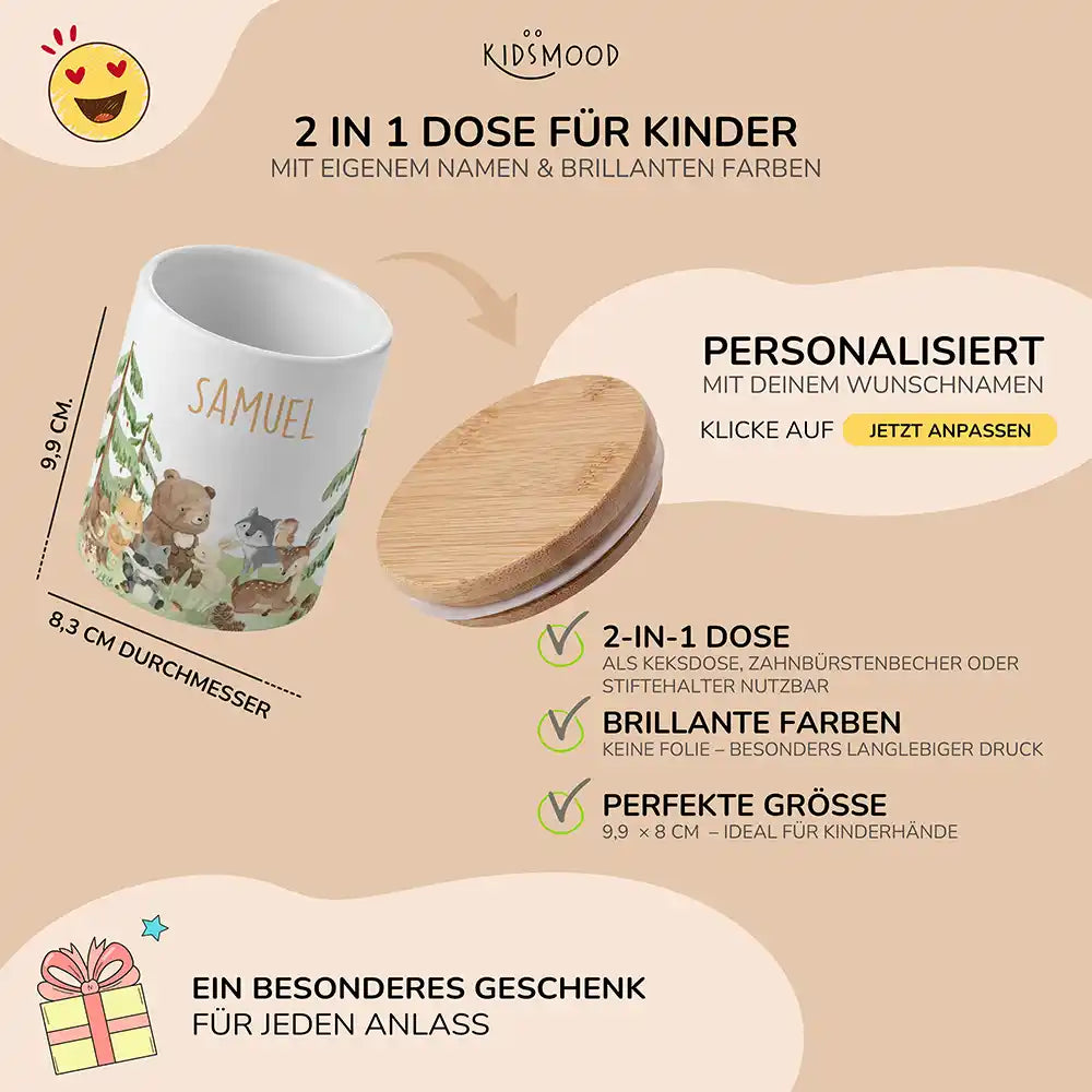 Personalisierte Keksdose Waldfreunde II - mit eigenem Namen fuer kleine Schleckermaeuler