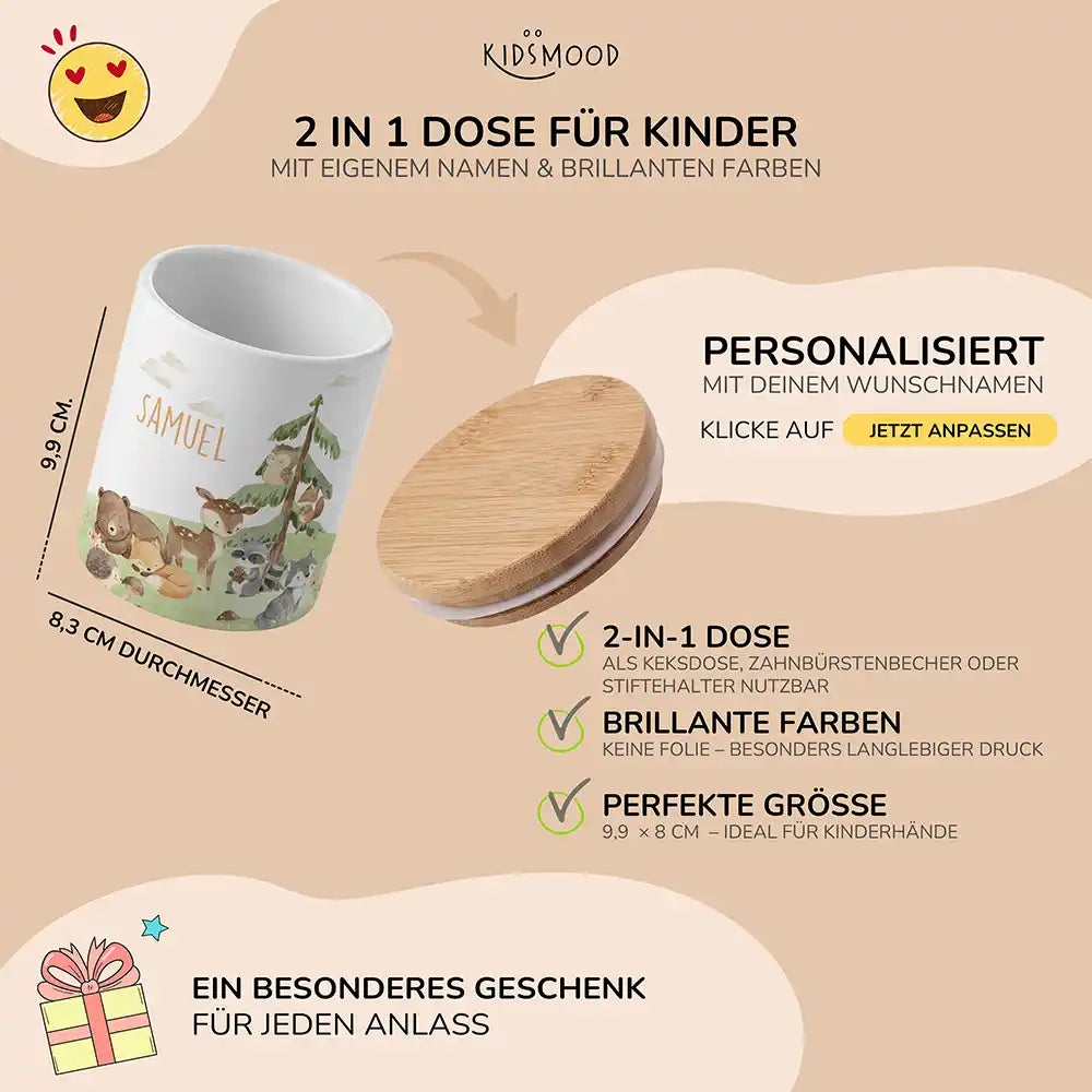 Personalisierte Keksdose Waldszene V - mit eigenem Namen fuer kleine Schleckermaeuler