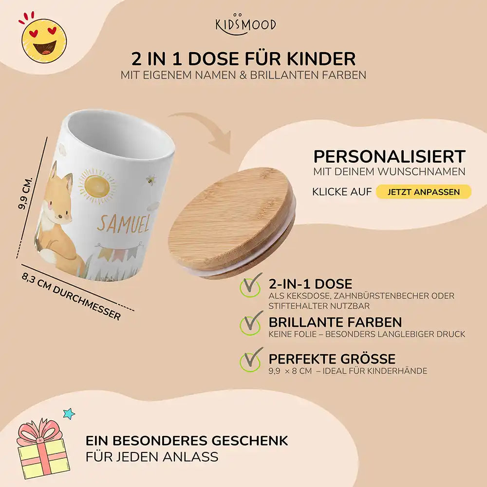 Personalisierte Keksdose Fuchs Sommer - mit eigenem Namen fuer kleine Schleckermaeuler